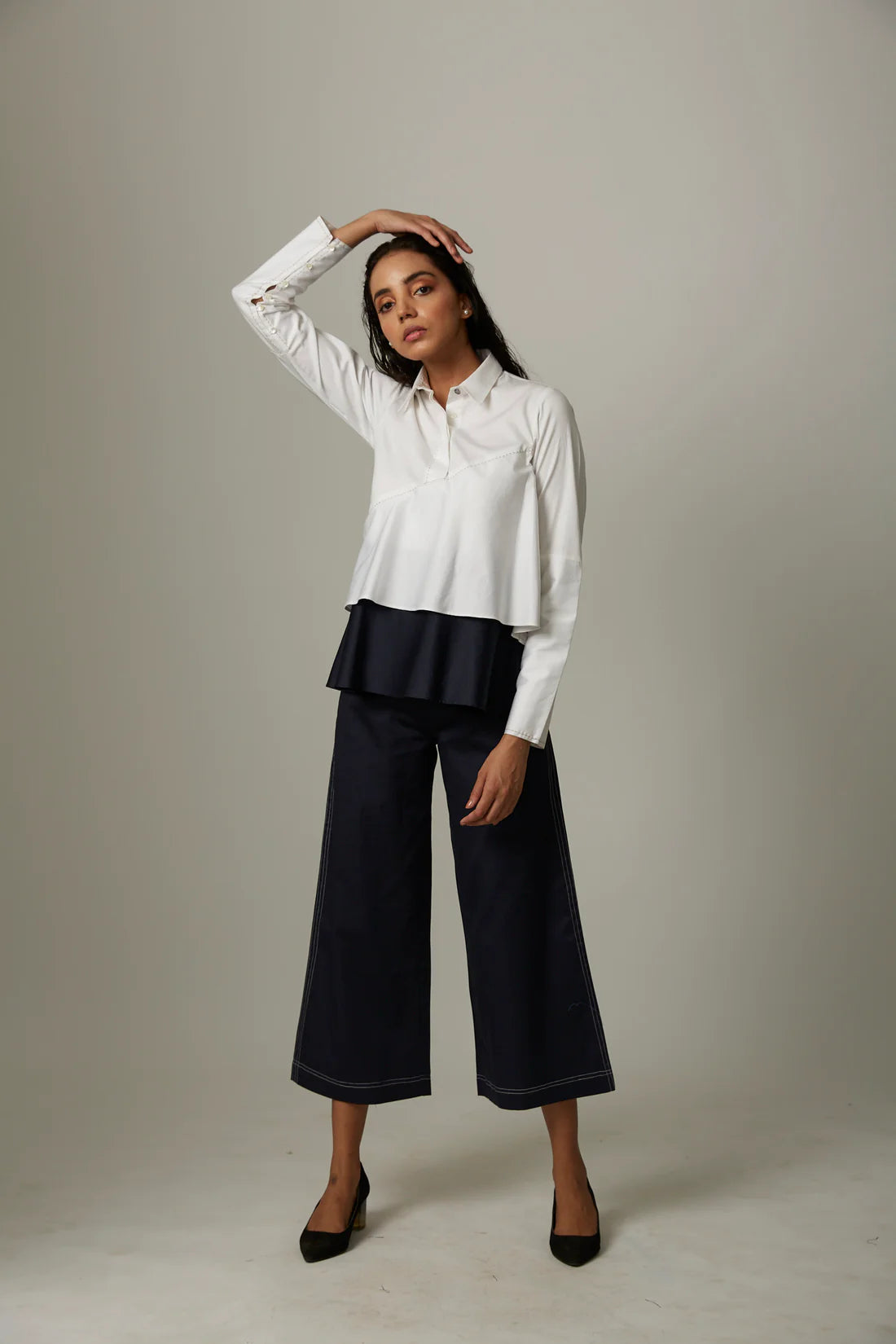 Colour Block Flare Double Layer Top With Katha Stitch Pants