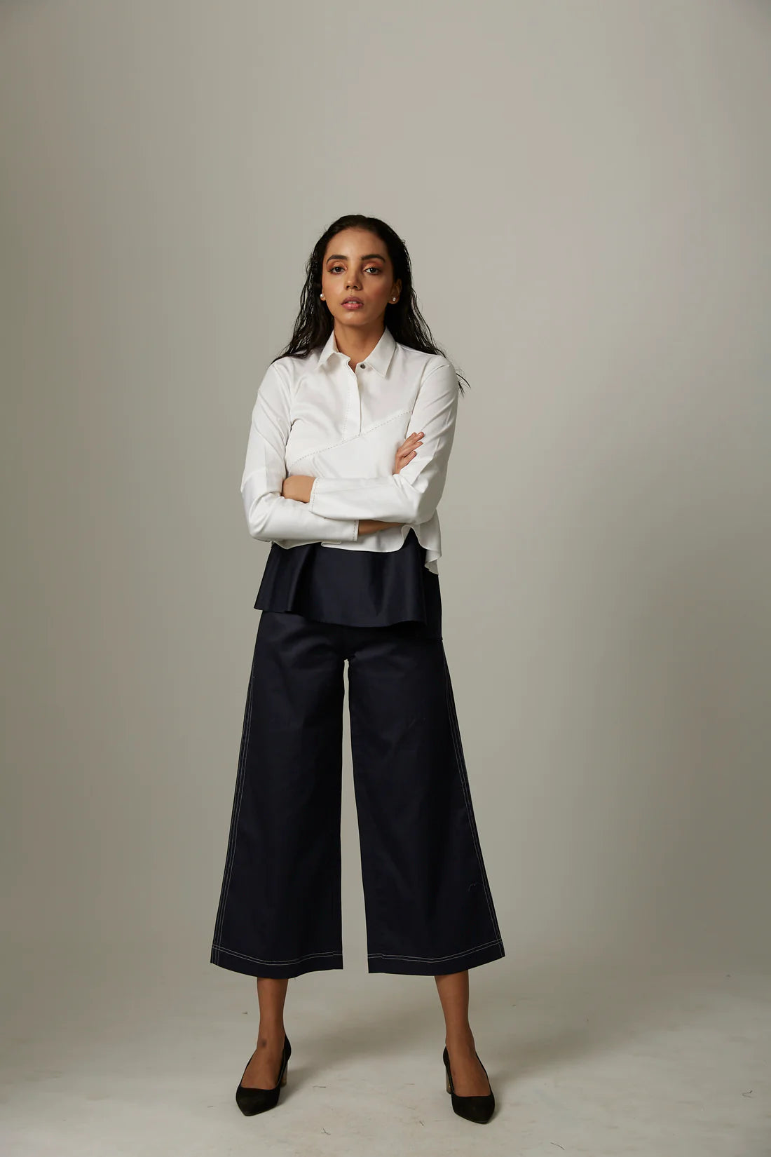 Colour Block Flare Double Layer Top With Katha Stitch Pants