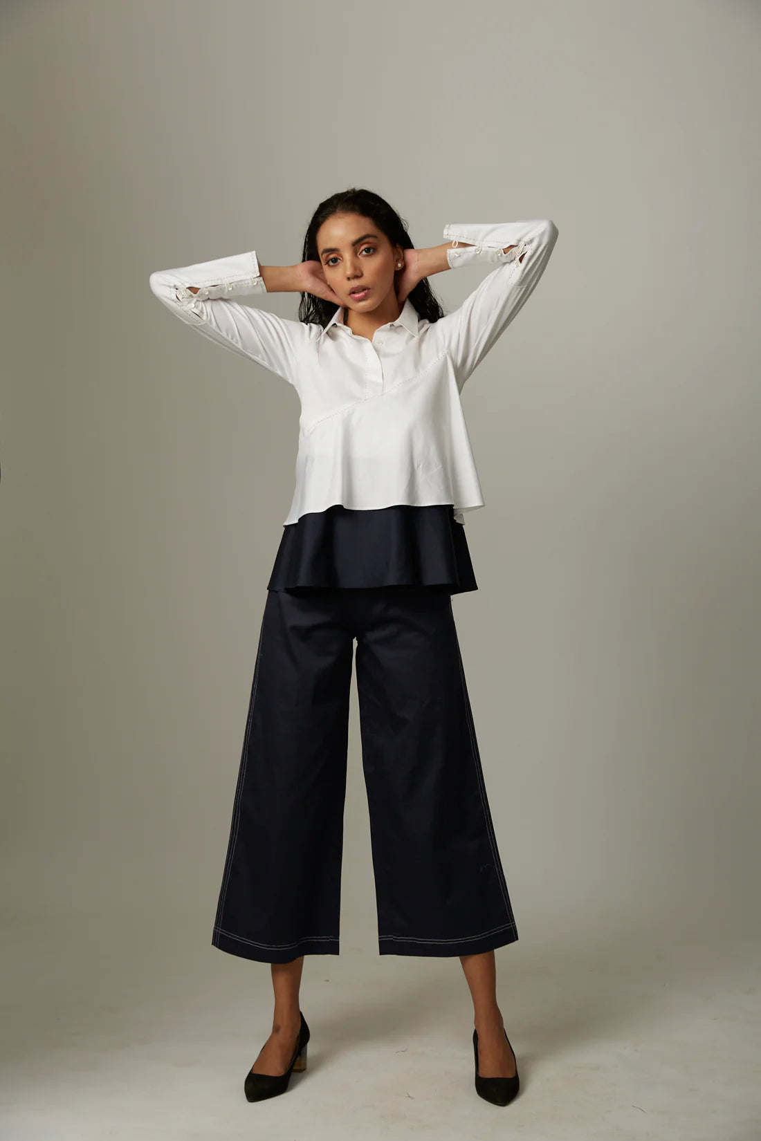Colour Block Flare Double Layer Top With Katha Stitch Pants