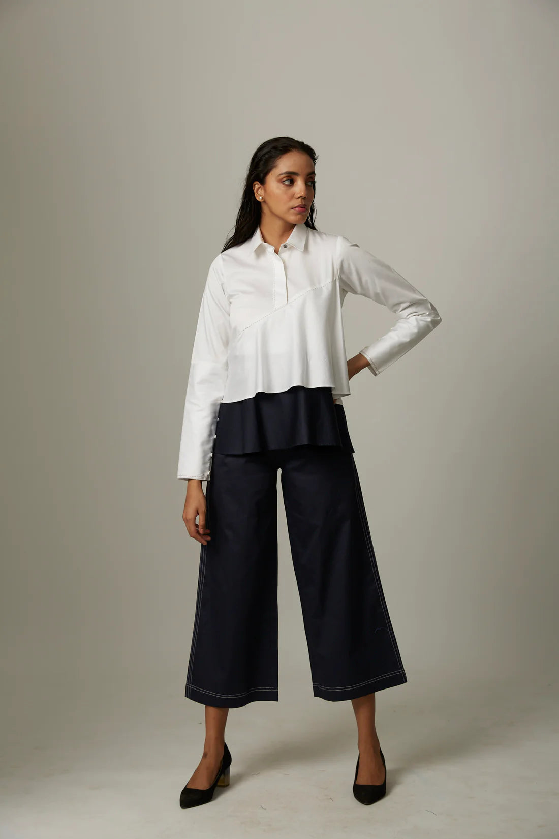 Colour Block Flare Double Layer Top With Katha Stitch Pants