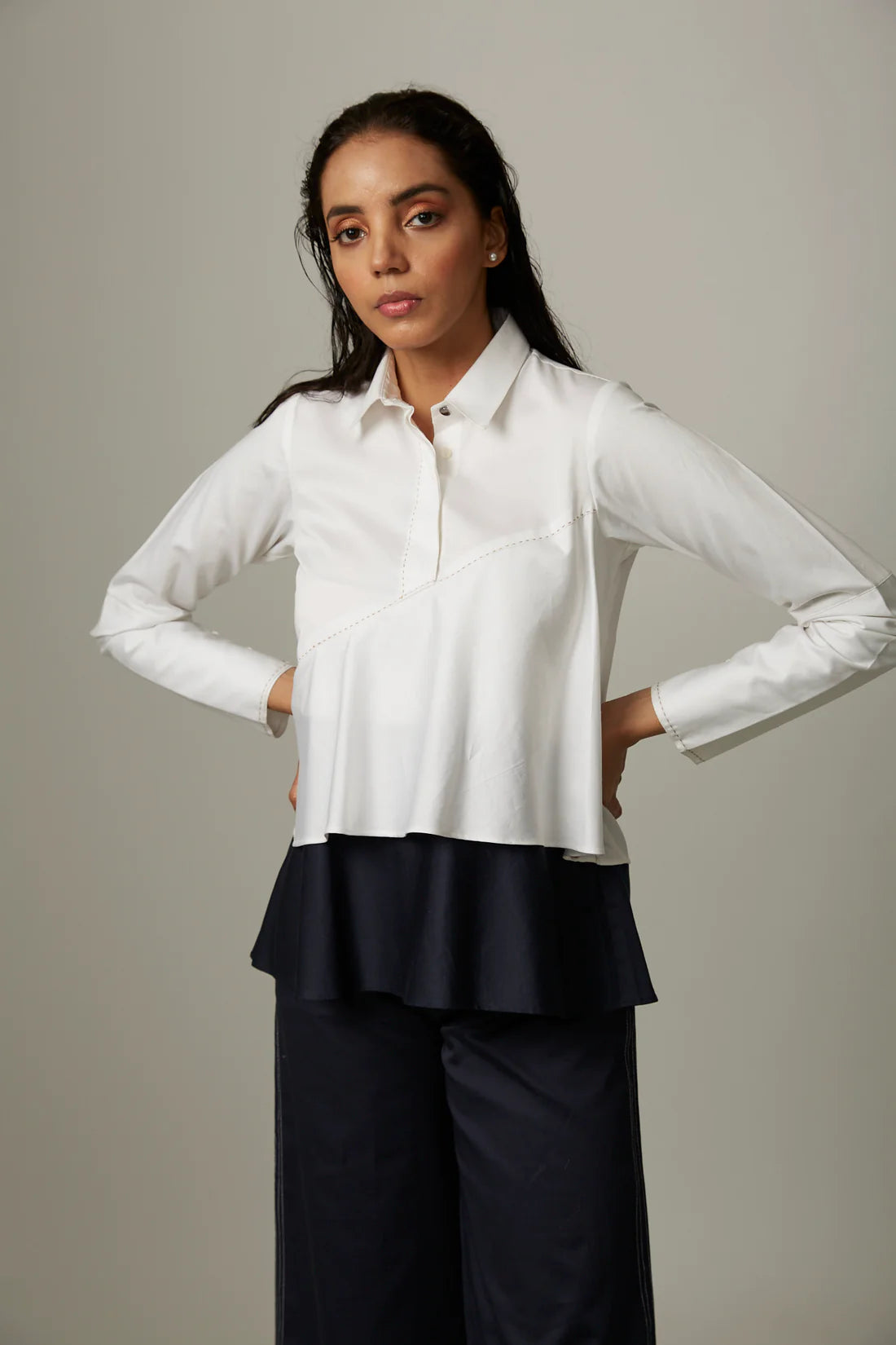 Colour Block Flare Double Layer Top With Katha Stitch Pants