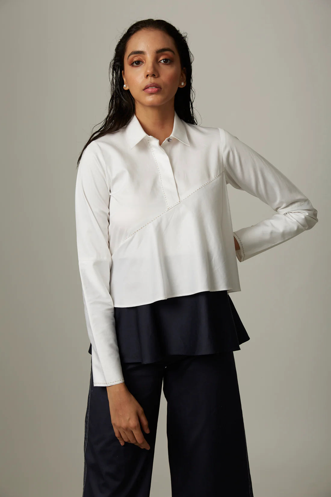 Colour Block Flare Double Layer Top With Katha Stitch Pants
