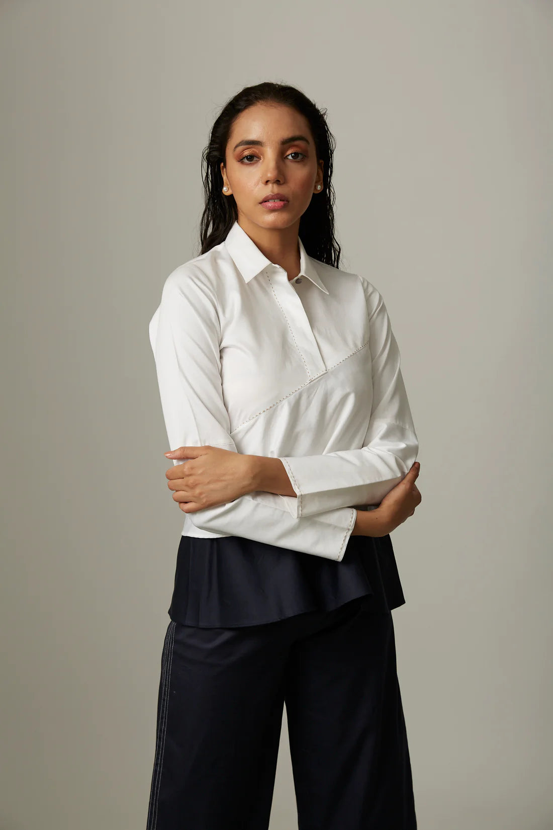 Colour Block Flare Double Layer Top With Katha Stitch Pants