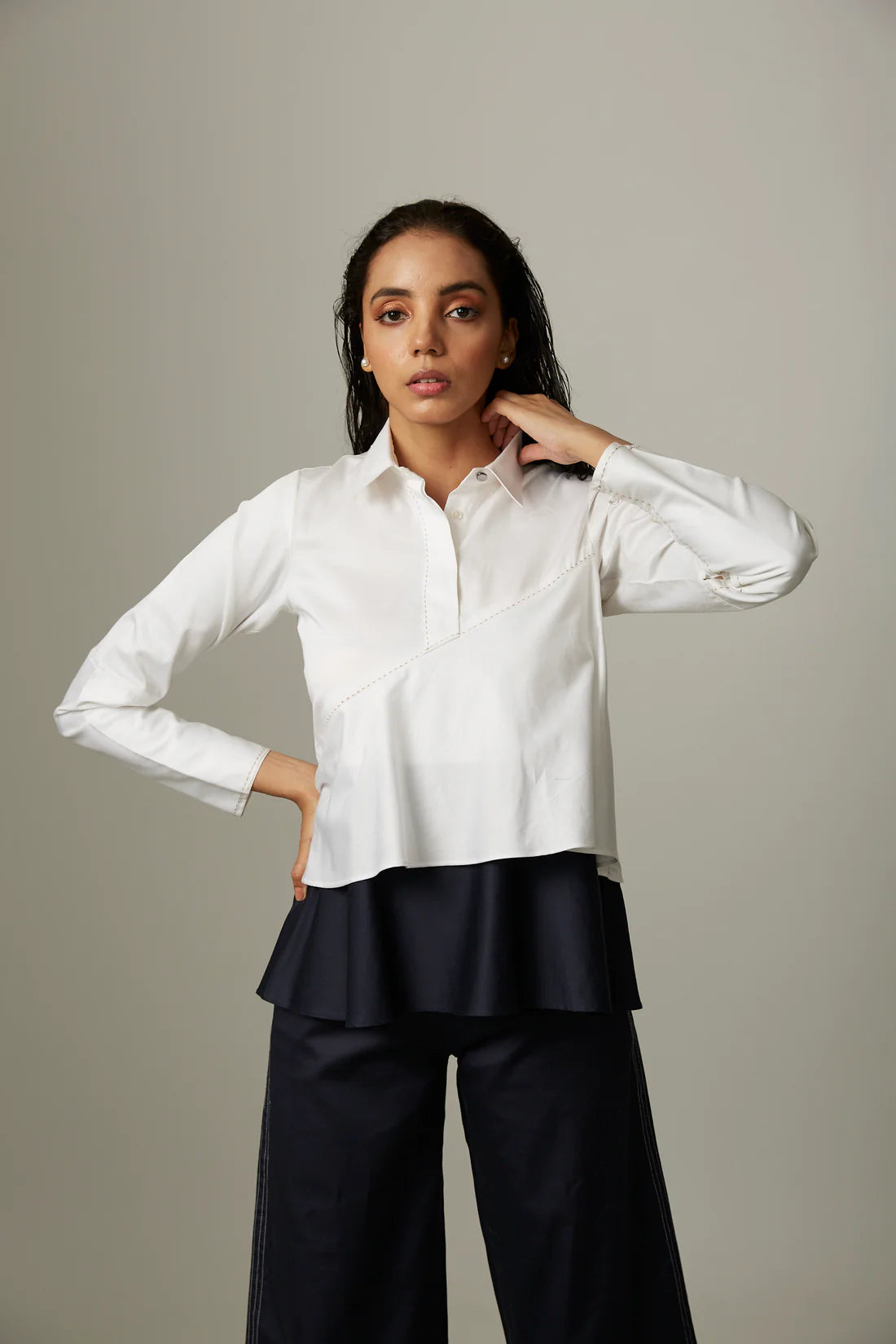 Colour Block Flare Double Layer Top With Katha Stitch Pants