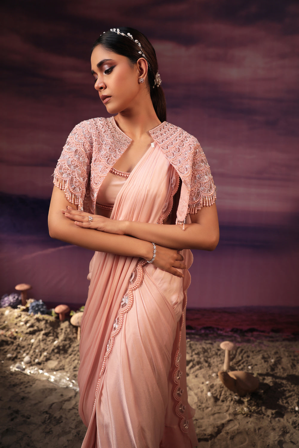 Peach Saree With Cape