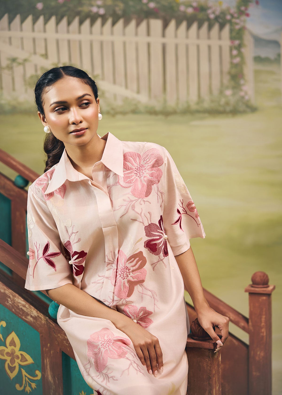 Rose Bloom Midi Shirt Dress