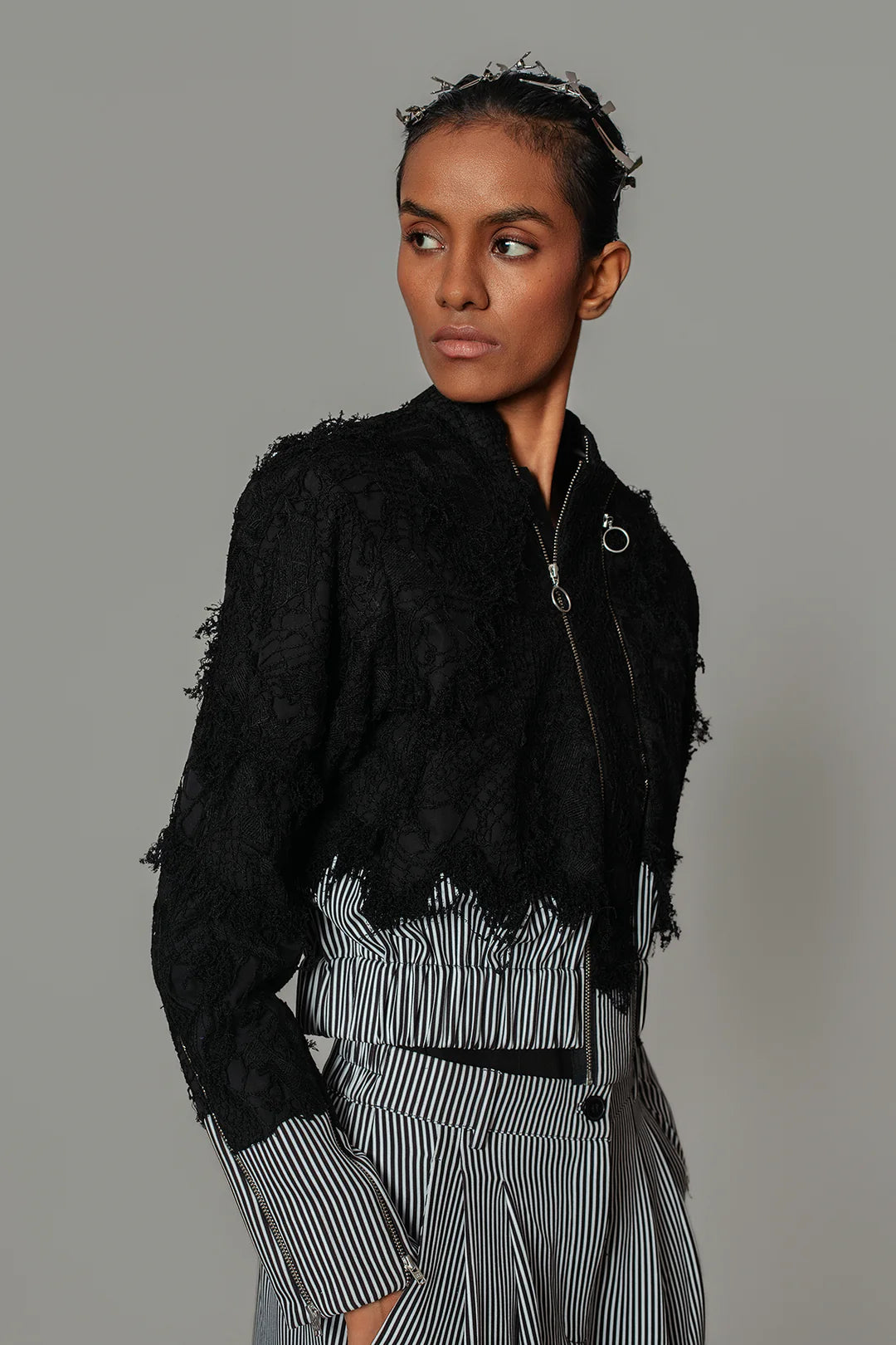 Black Map With Strips Double Zip Bomber