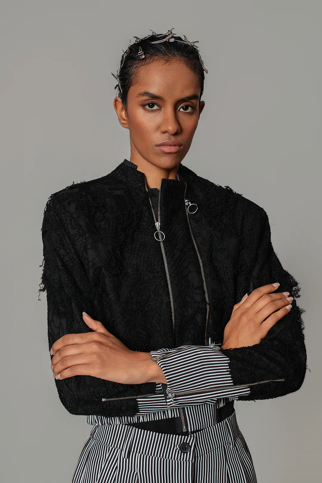 Black Map With Strips Double Zip Bomber