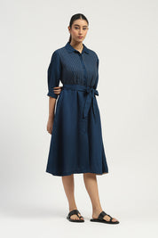 Pleated Linen Dress Indigo