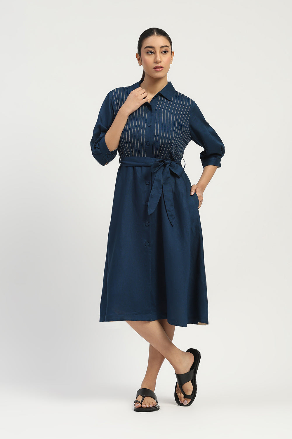 Pleated Linen Dress Indigo