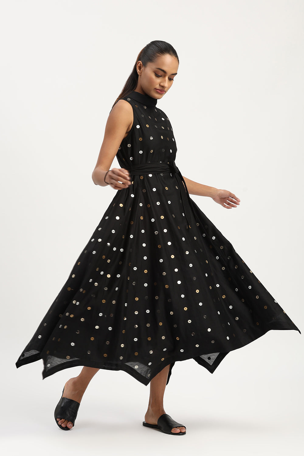 Sequin Dot Long Dress Black