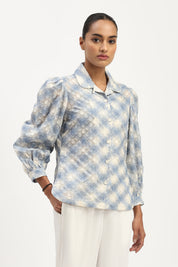 Lattice Cutwork Shirt Ivory & Blue