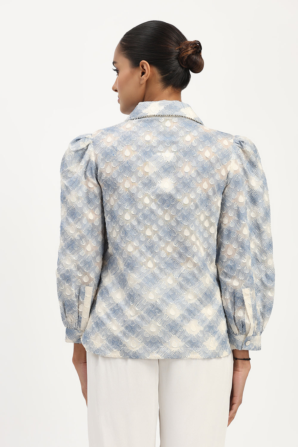 Lattice Cutwork Shirt Ivory & Blue