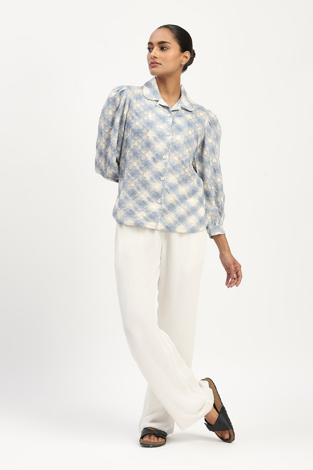 Lattice Cutwork Shirt Ivory & Blue