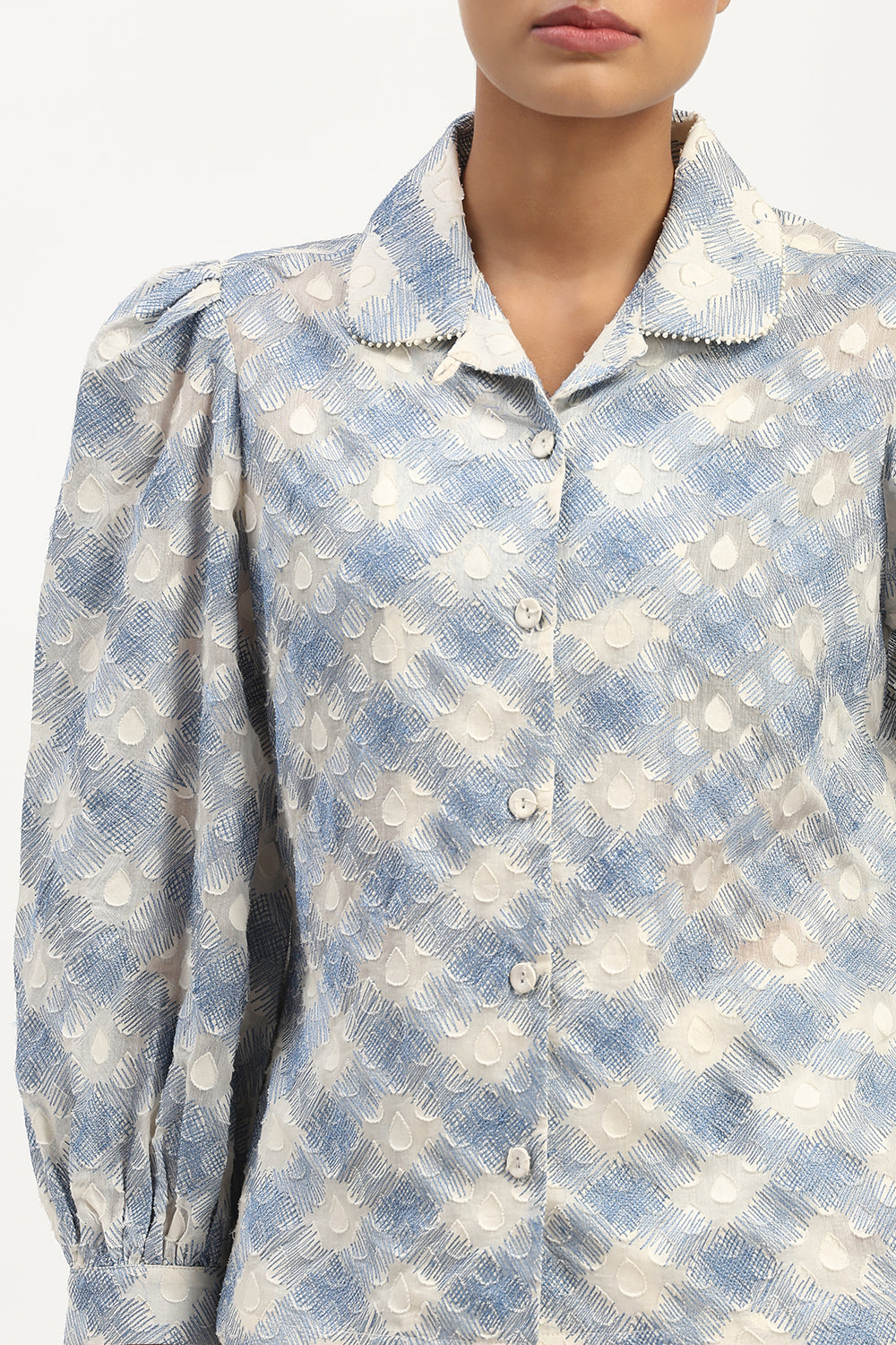 Lattice Cutwork Shirt Ivory & Blue