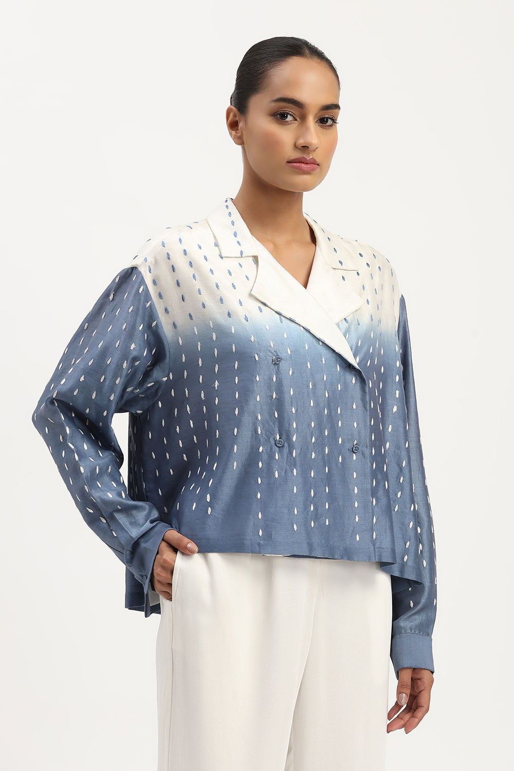 Ombre Stab Stitch Shirt Ivory & Blue