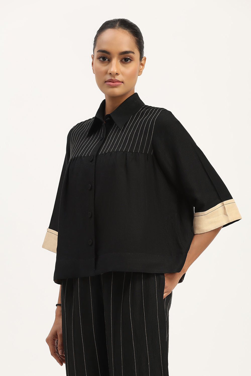 Pleated Linen Top Black