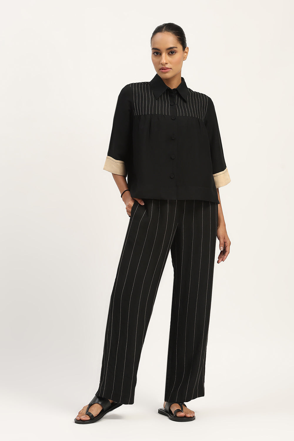 Pleated Linen Top Black