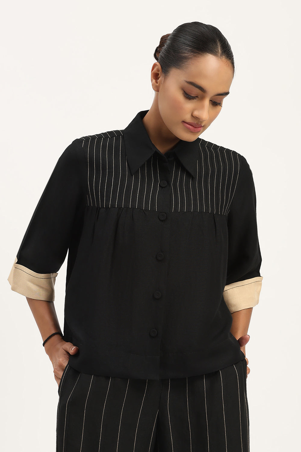 Pleated Linen Top Black