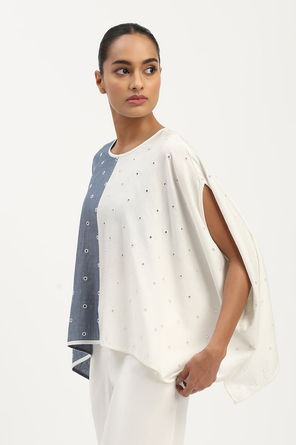 Schiffli Top Indigo & Ivory