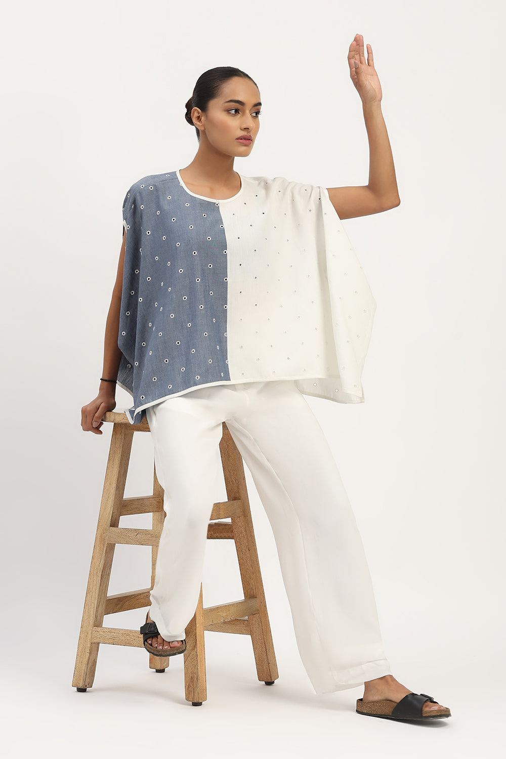 Schiffli Top Indigo & Ivory