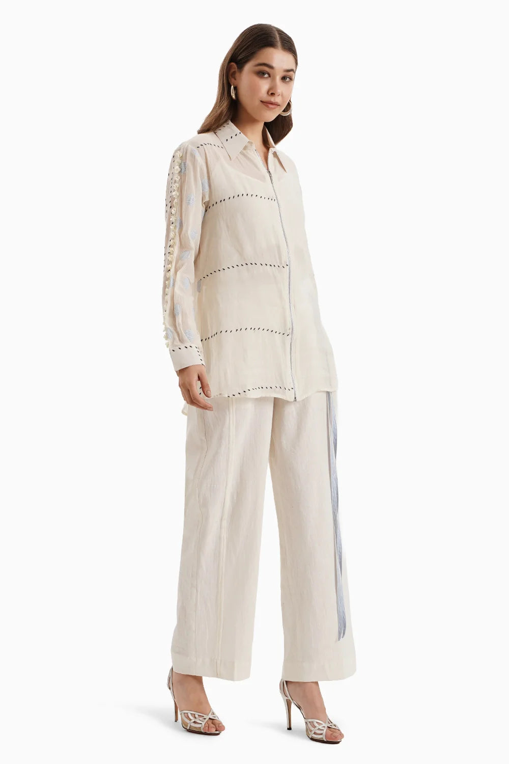 Beige Cotton Embroidered Shirt Set