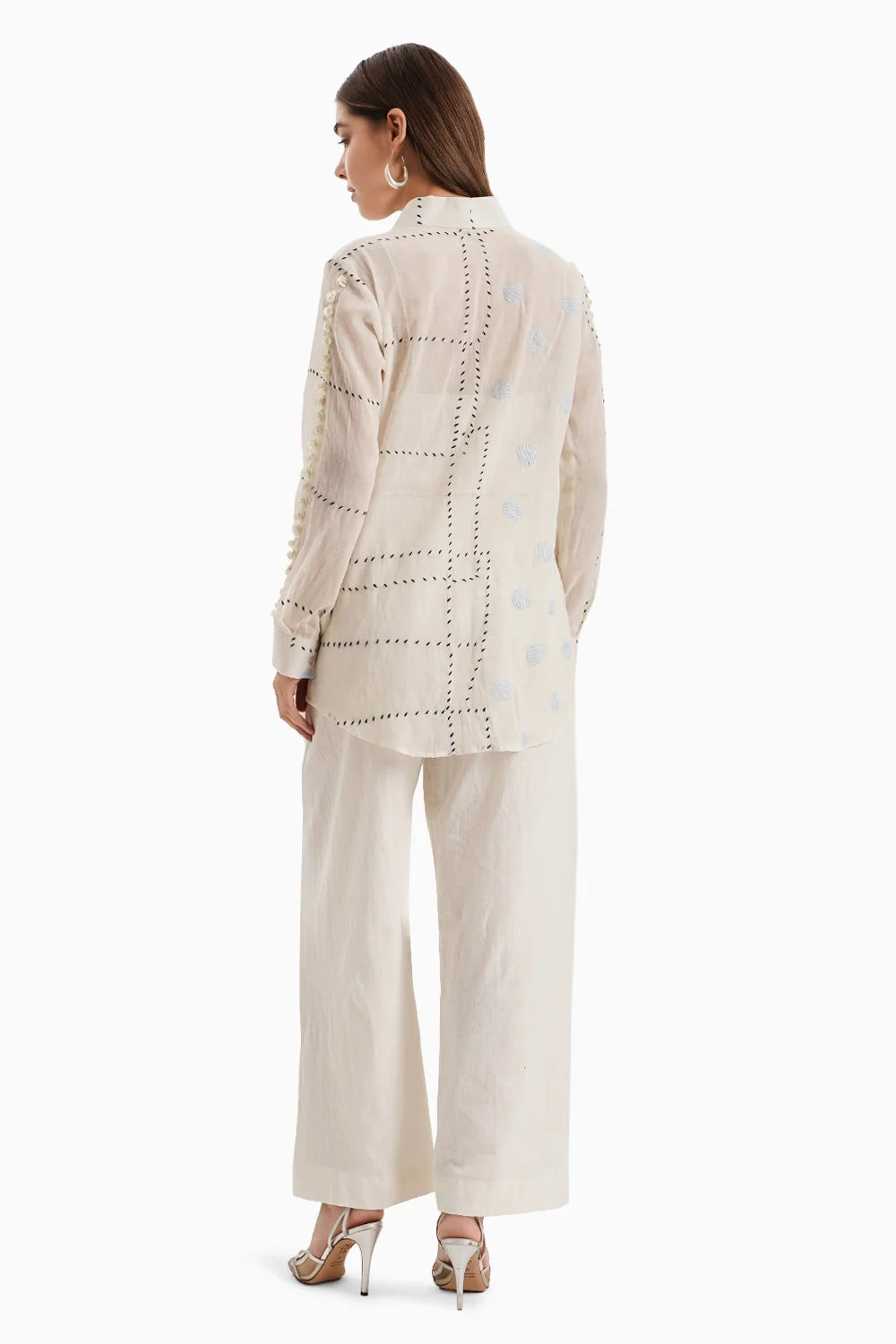 Beige Cotton Embroidered Shirt Set