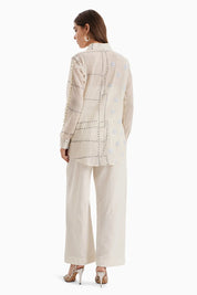 Beige Cotton Embroidered Shirt Set