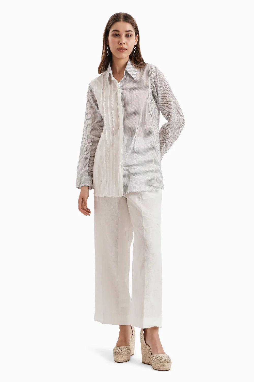 White Panel Cotton Shirt Set
