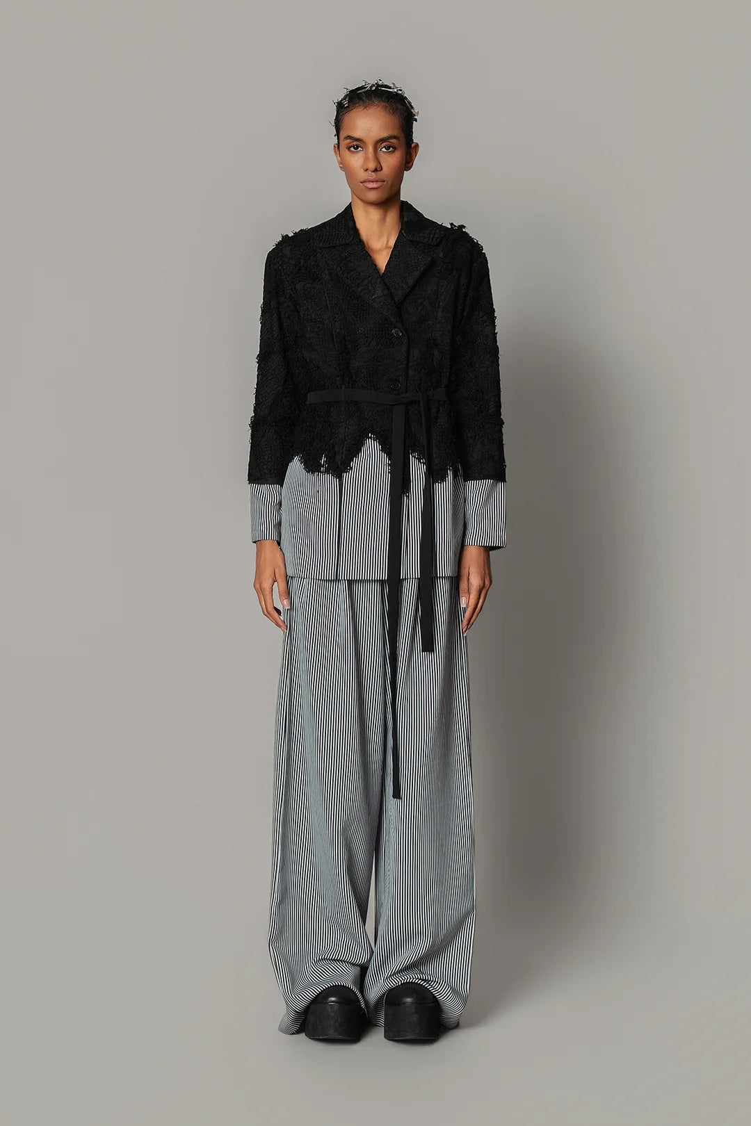 Black Map With Strips Coat Set