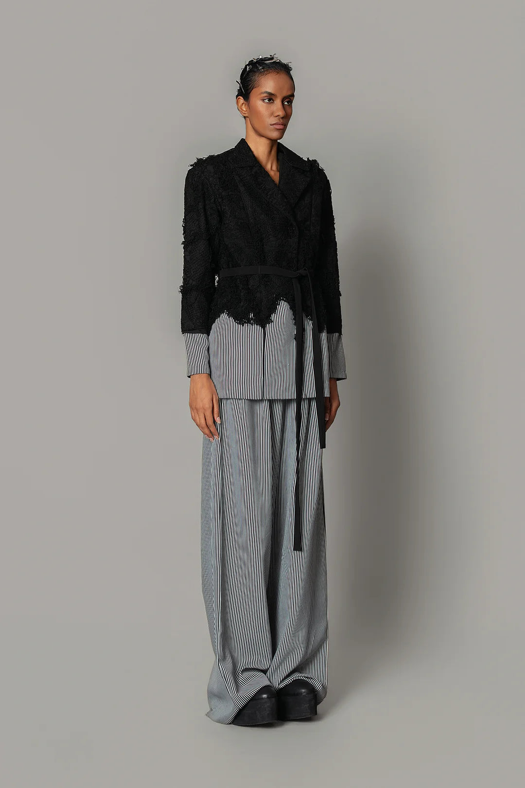 Black Map With Strips Coat Set