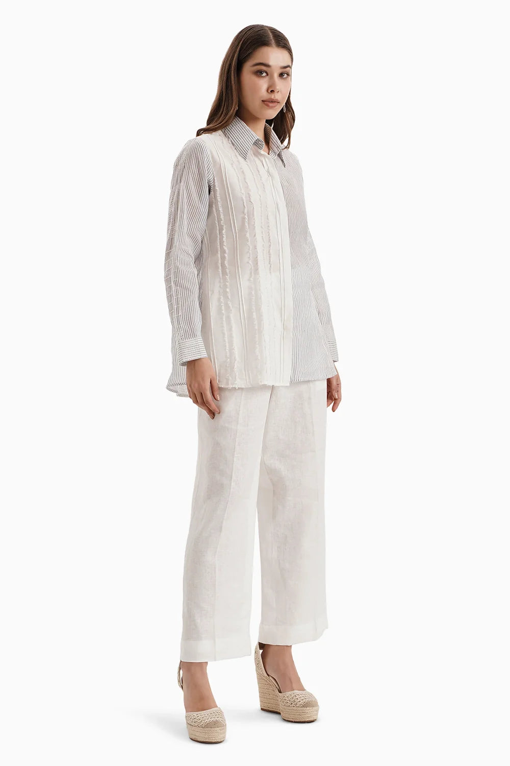 White Panel Cotton Shirt Set