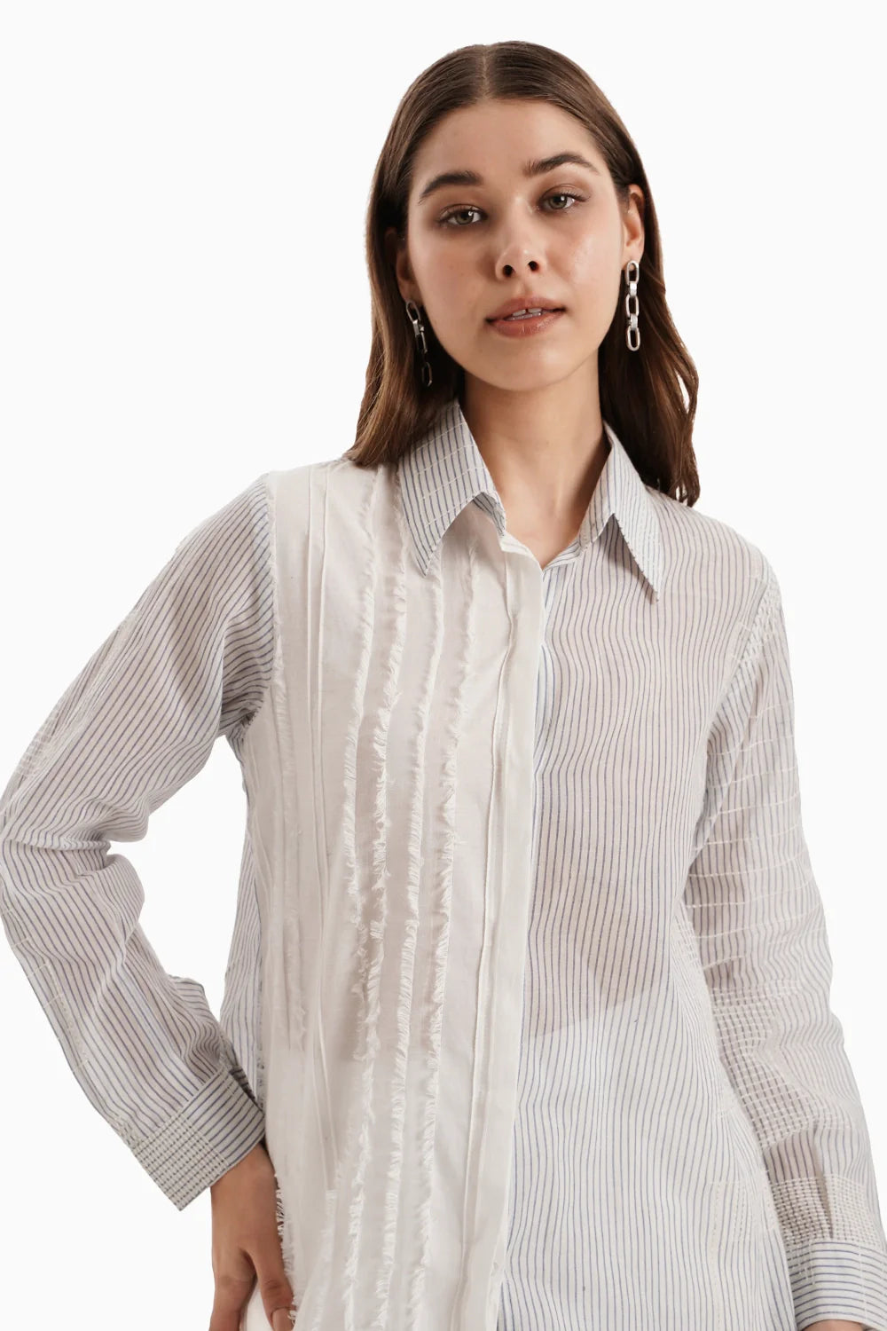 White Panel Cotton Shirt Set