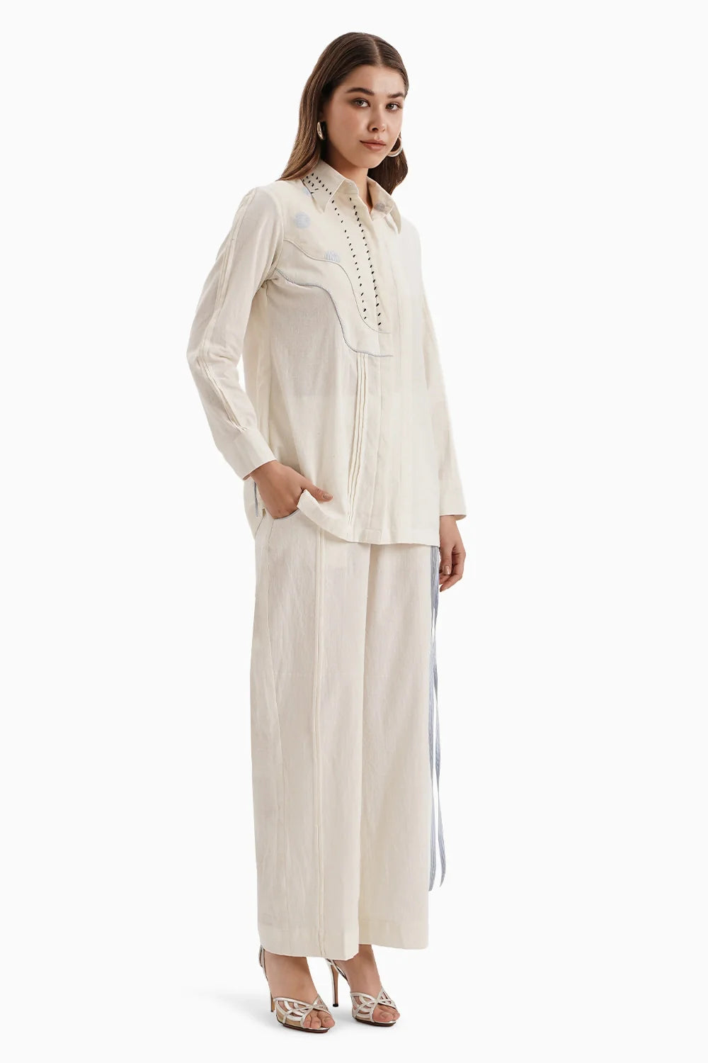 Beige Cotton Shirt Panel Set