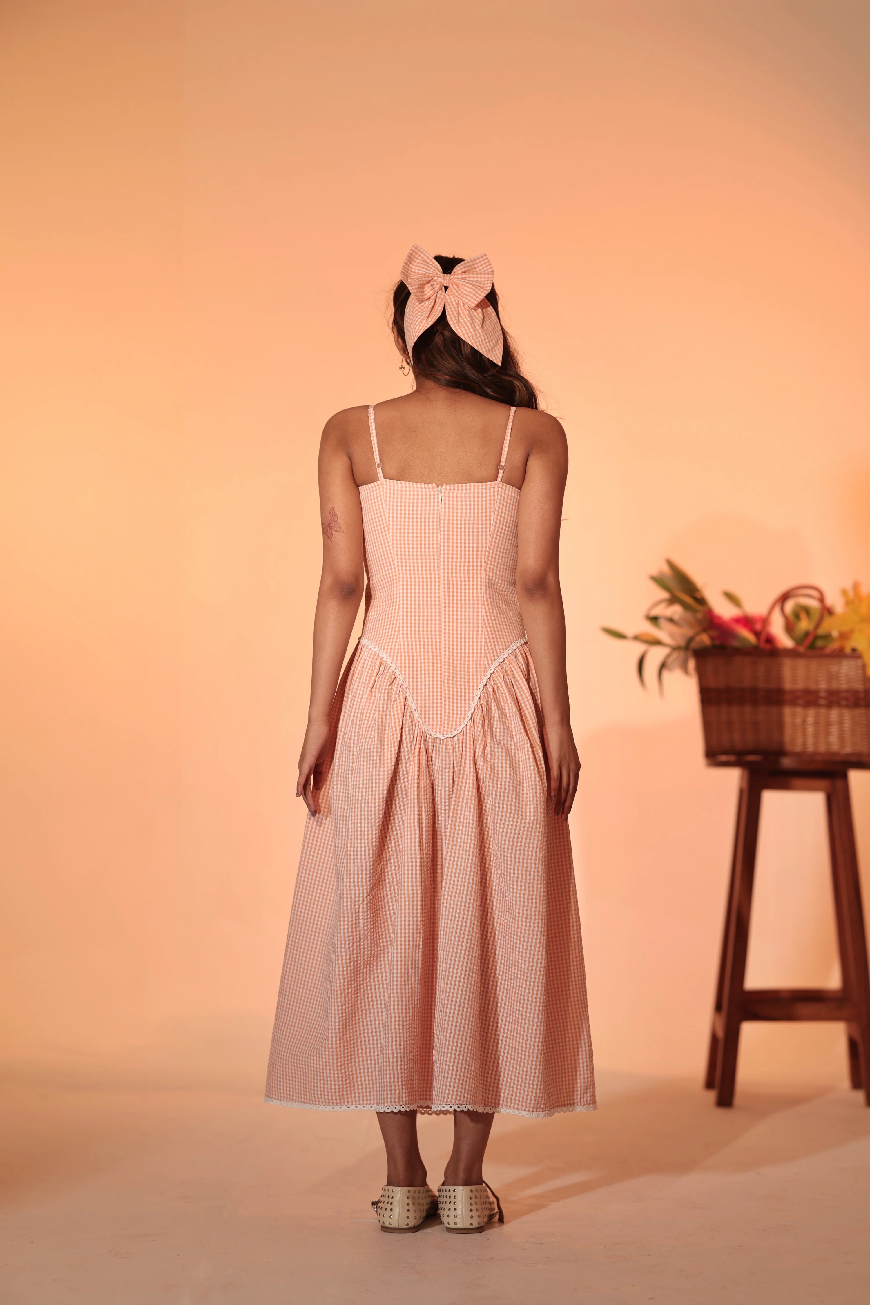 Peach Gingham Sunset Midi Dress