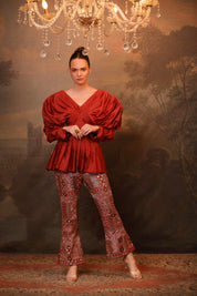 Rust Red Chanderi Silk Top & Pant Set