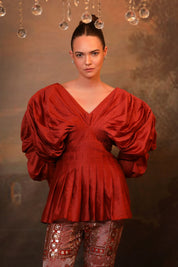 Rust Red Chanderi Silk Top & Pant Set