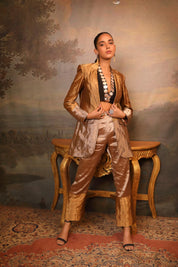 Copper Brown Chanderi Silk Blazer Set