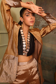 Copper Brown Chanderi Silk Blazer Set
