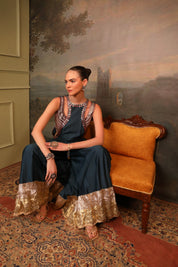 Metal Blue Chanderi Silk Jumpsuit Set