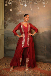 Cherry Red Chanderi Palazzo Shrug Set