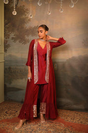 Cherry Red Chanderi Palazzo Shrug Set