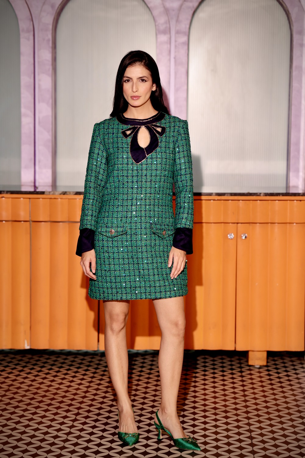 Emerald Bow Tweed Dress