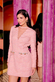 Rosette Embellished Tweed Dress