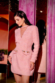Rosette Embellished Tweed Dress