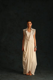 Cowl Dress With A Cape Blazer Waistcoat