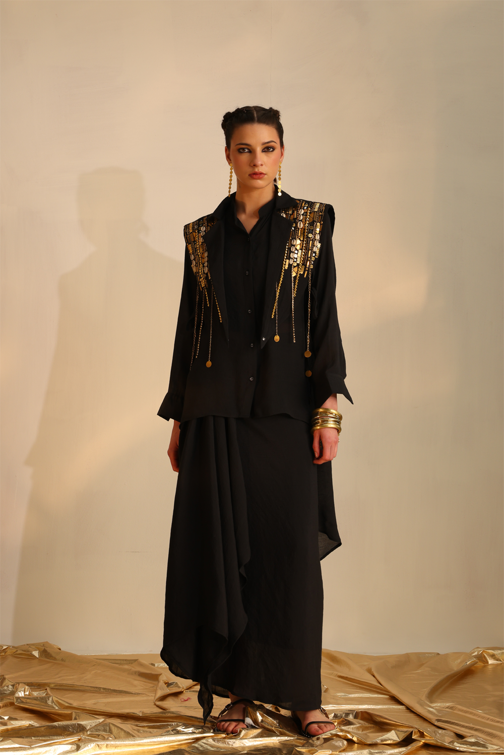Black Waterfall Shirt Set With A Cape Blazer Waistcoat