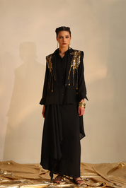 Black Waterfall Shirt Set With A Cape Blazer Waistcoat