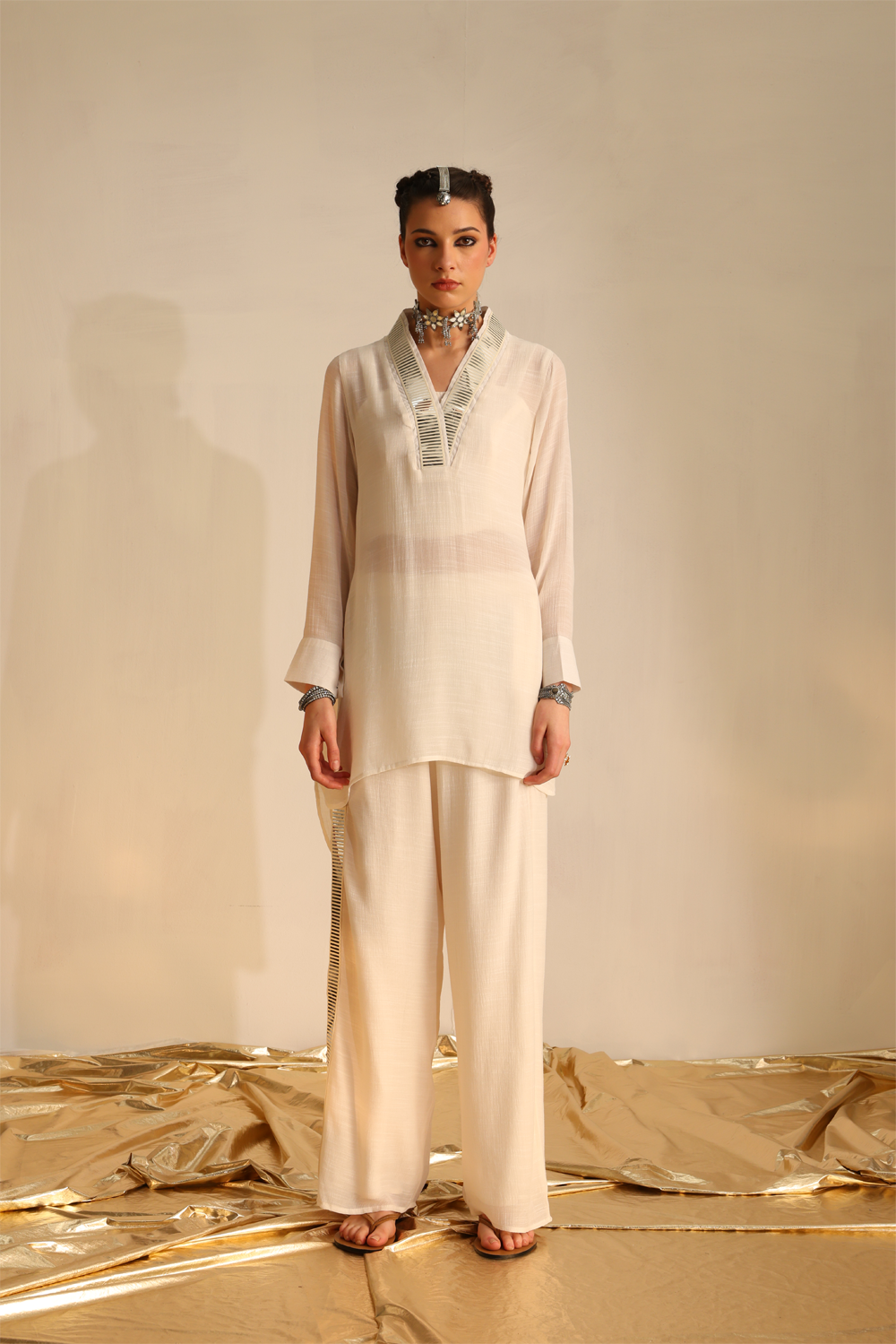 Overlap Collar Foil Tunic Set