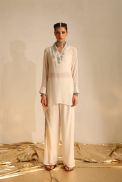 Overlap Collar Foil Tunic Set